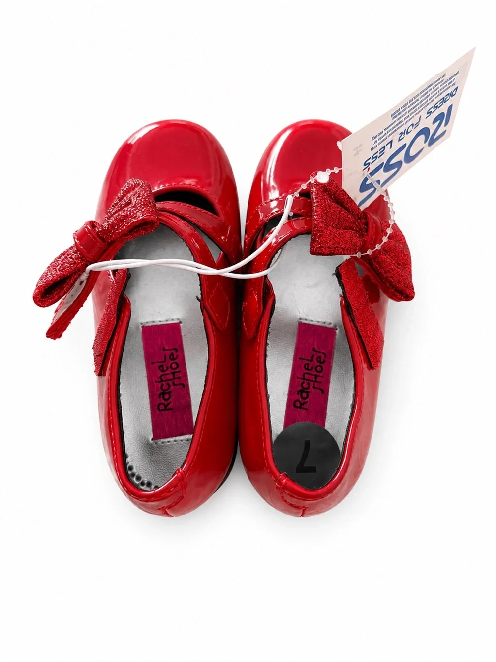 Rachel Shoes Red Patent Mary Janes with Glitter Bow Accent
